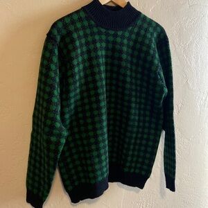 Jones New York 100% Wool Pullover Green Navy Checked Mock Turtleneck Sweater Sm